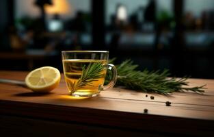 AI generated rosemary tea and lemon on the wooden table photo