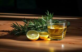 AI generated rosemary tea and lemon on the wooden table photo