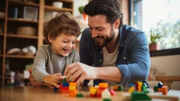 ai generado papá y hijo edificio con ladrillos, creando querido recuerdos, foto