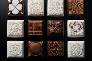 AI generated many chocolate blocks on one table photo