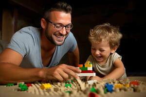 AI generated Dad and son building with bricks, creating cherished memories, photo