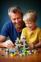 AI generated Dad and son building with bricks, creating cherished memories, photo