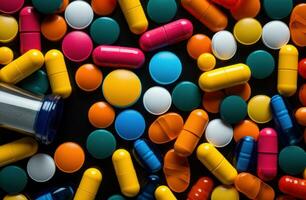 ai generado uno botella de medicina con multicolor pastillas foto