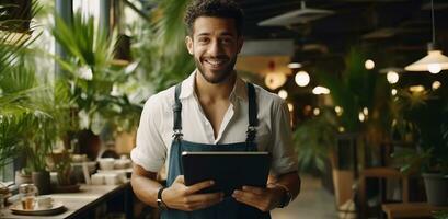 AI generated man holding laptop and smiling at camera man photo