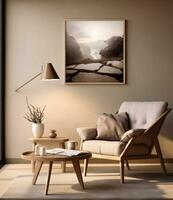 AI generated living room with sofa, chair, coffee table and lamp photo