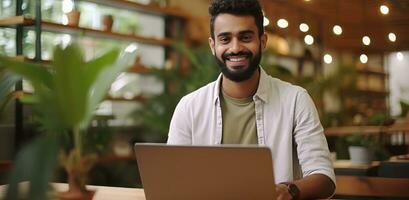 AI generated man holding laptop and smiling at camera man photo