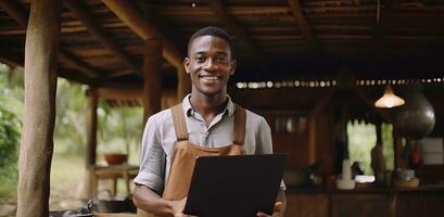 AI generated man holding laptop and smiling at camera man photo