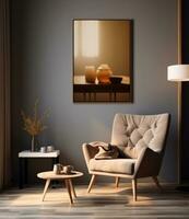 AI generated living room with sofa, chair, coffee table and lamp photo