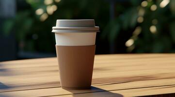 AI generated image of a coffee cup with a lid on a table photo