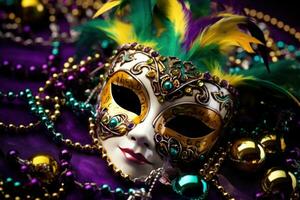 ai generado un vívido carnaval antecedentes lleno con animado colores, mascaras, y festivo instinto foto