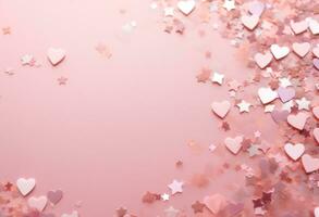 ai generado corazón rosado estrellas papel picado en un iridiscente rosado antecedentes foto