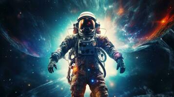 AI generated Vibrant astronaut in space, surrounded by cosmic wonders, offering ample copy space for text photo