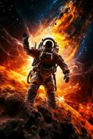 AI generated Vibrant astronaut in space, surrounded by cosmic wonders, offering ample copy space for text photo