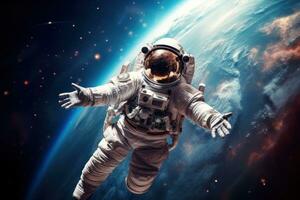 AI generated Vibrant astronaut in space, surrounded by cosmic wonders, offering ample copy space for text photo