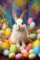 AI generated Vibrant background adorned with a charming bunny, colorful eggs, and festive cheer photo