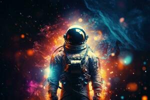 AI generated Vibrant astronaut in space, surrounded by cosmic wonders, offering ample copy space for text photo