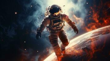 AI generated Vibrant astronaut in space, surrounded by cosmic wonders, offering ample copy space for text photo