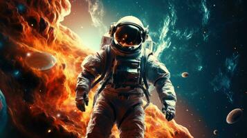 AI generated Vibrant astronaut in space, surrounded by cosmic wonders, offering ample copy space for text photo