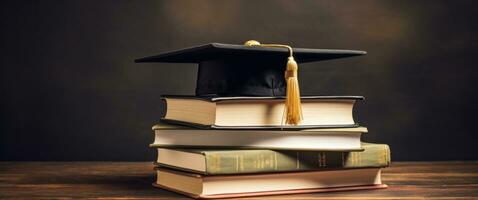 ai generado graduado la licenciatura gorra en el libros foto