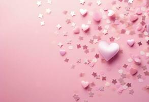 AI generated heart pink stars confetti on an iridescent pink background photo