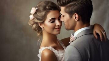 AI generated Romantic wedding couple, tender gaze, with space for cherished vows and declarations photo