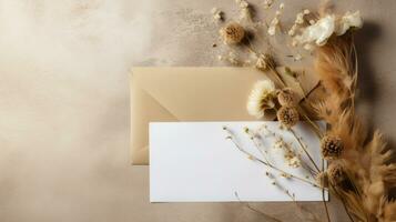 AI generated envelope, envelope white card and some dried flowers sitting on a concrete background photo