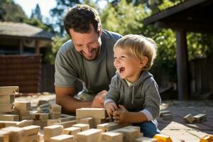 AI generated Heartwarming scene as dad and son build with bricks, laughter, photo