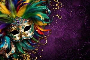 AI generated Vivid Mardi Gras background featuring masks, streamers, and lively colors, photo