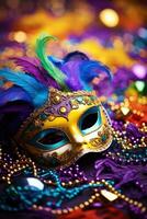 AI generated Vivid Mardi Gras background featuring masks, streamers, and lively colors, photo