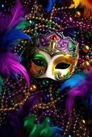 AI generated Vivid Mardi Gras background featuring masks, streamers, and lively colors, photo