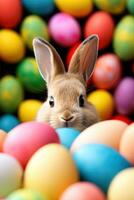 AI generated A lively background with a cute bunny, vibrant eggs, and playful festivities photo