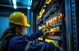 AI generated electrical worker holding switch panel in an electrical panel photo