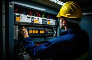 AI generated electrical worker holding switch panel in an electrical panel photo