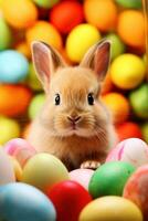 AI generated A lively background with a cute bunny, vibrant eggs, and playful festivities photo