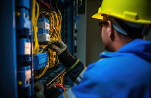 AI generated electrical worker holding switch panel in an electrical panel photo