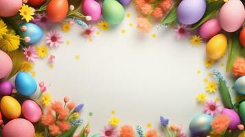 AI generated Vibrant background, colorful eggs, festive decorations, and a canvas for joyful messages photo