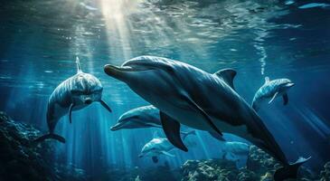 AI generated dolphin and dolphins swimming in the ocean with sun out photo