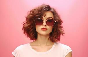 AI generated cute young woman wearing sunglasses over pink background woman photo