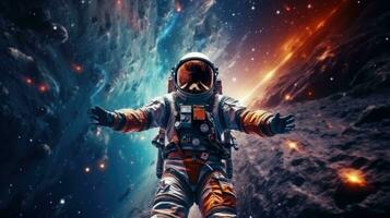 AI generated Astronaut in vivid space, surrounded by stars and planets, offering cosmic copy space photo