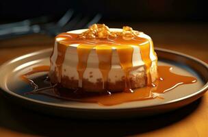 AI generated caramel cheesecake on white plate photo