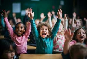 AI generated children are raising their hands in a classroom photo