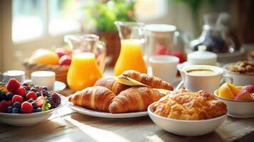 AI generated A gourmet morning spread, pastries, fresh fruits, and inviting coffee, plus generous copy space photo