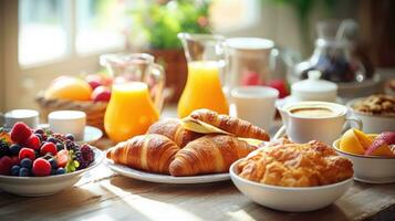 ai generado un gastrónomo Mañana desparramar, pasteles, Fresco frutas, y atractivo café, más generoso Copiar espacio foto