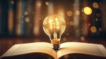 AI generated book of fiction on top bokeh light bulb photo