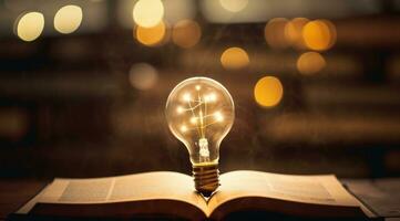 AI generated book of fiction on top bokeh light bulb photo