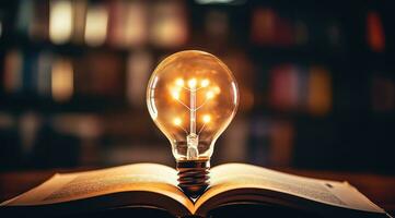 AI generated book of fiction on top bokeh light bulb photo