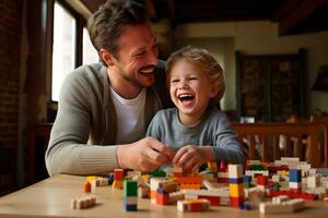 ai generado papá y hijo disfrutar calidad hora con ladrillos, risa, alegría, y blanco espacio para texto foto