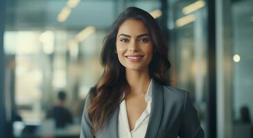 AI generated business woman smiling while standing in front of an office window photo