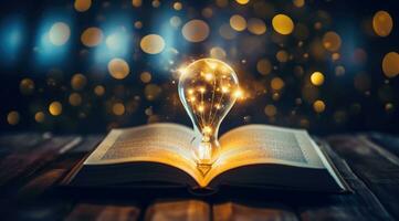 AI generated book of fiction on top bokeh light bulb photo