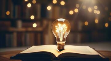 AI generated book of fiction on top bokeh light bulb photo